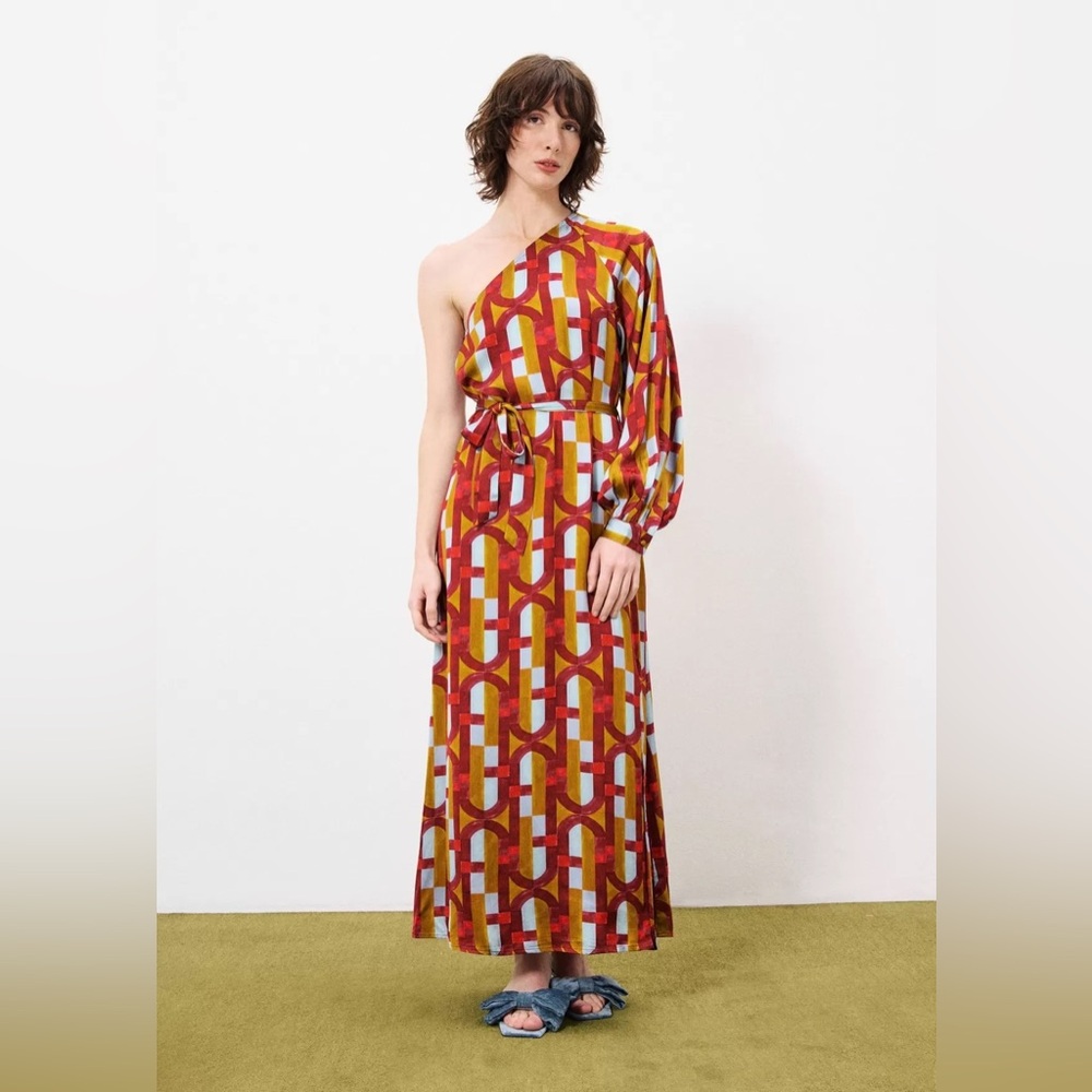 FRNCH Paris One Shoulder Maxi Dress Bold Red Geometric Viscose Womens Large L